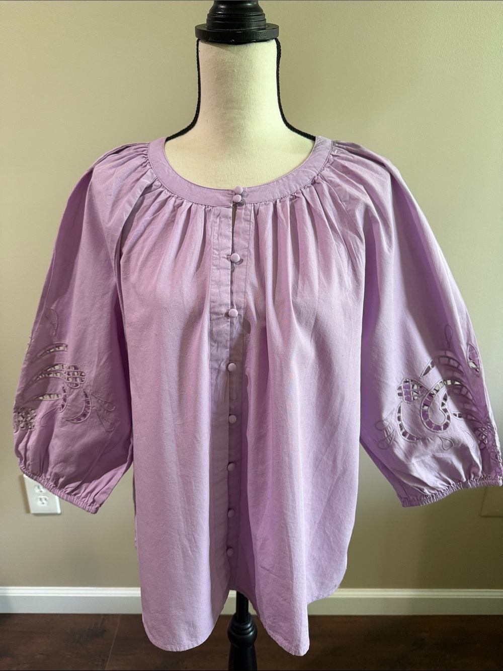 Vince Camuto Lavender Button-Front Embroidered Peasant Blouse Size XL